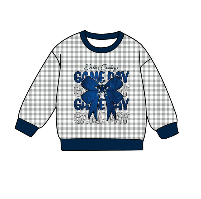 Custom moq 8 mix size milk silk summer team baby boys clothes GAME DAY plaid bow blue long sleeve top-25.9.23
