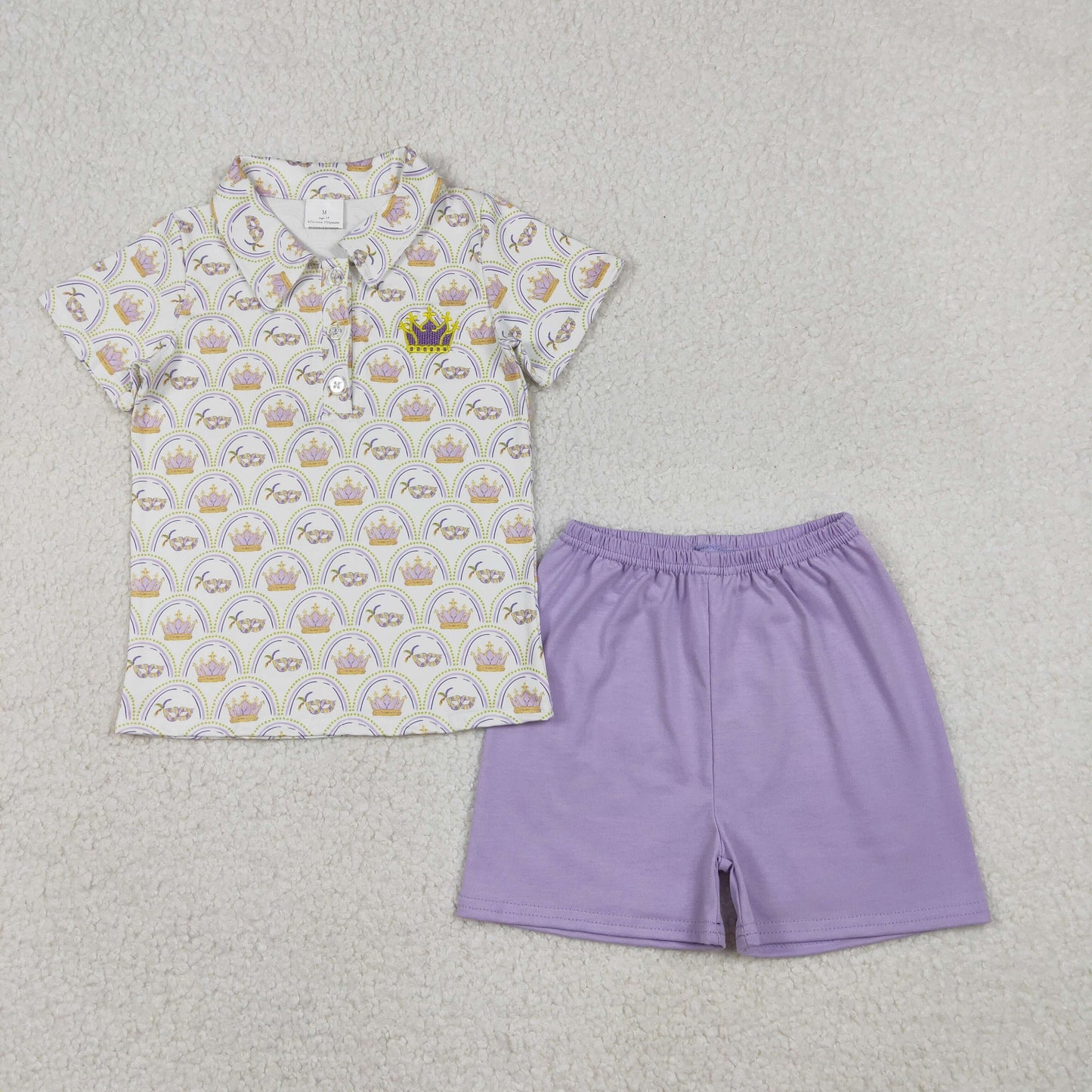 RTS NO MOQ(In Stock) Embroidered Carnival Crown Mask Button-Down Short-Sleeve Purple Shorts Set
