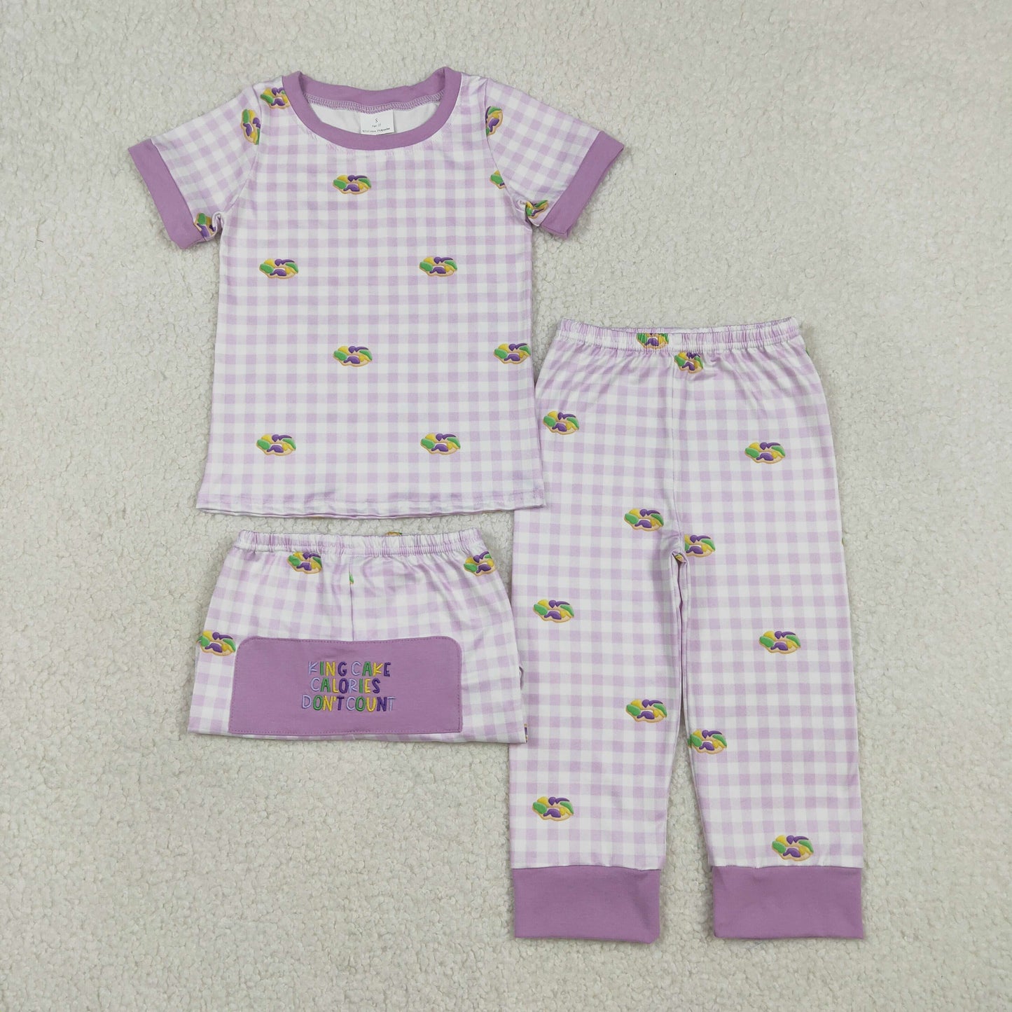 RTS NO MOQ(In Stock) Embroidered Carnival Donut Purple Plaid Short-Sleeved Pajama Set