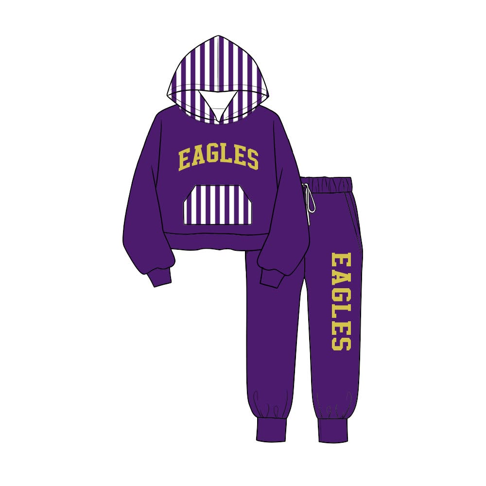 custom moq 5 mix size AAMY0108 Baby Kids Striped Hood Lining Pocket With Letter Print Hoodie Jogger Team Set