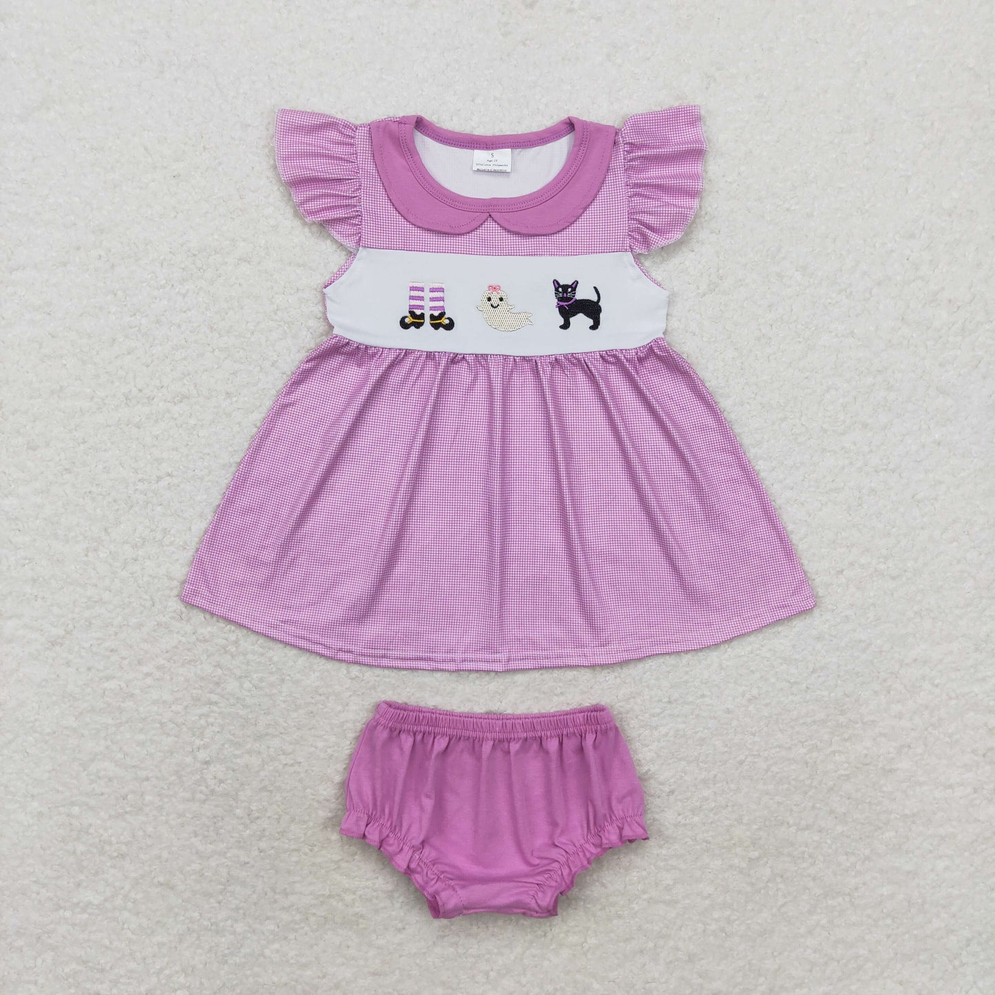 RTS NO MOQ(In Stock) GBO0415 Embroidered Halloween ghost cat doll collar purple plaid flying sleeve briefs set