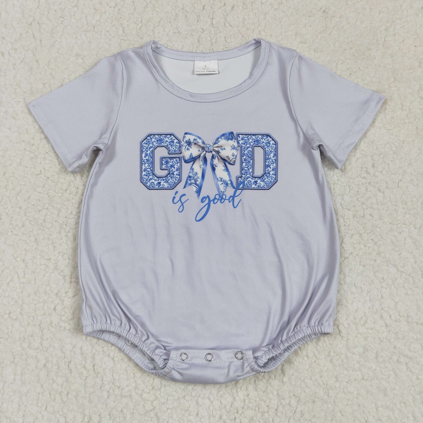 RTS NO MOQ(In Stock) god is good flower bow pattern gray short-sleeved jumpsuit