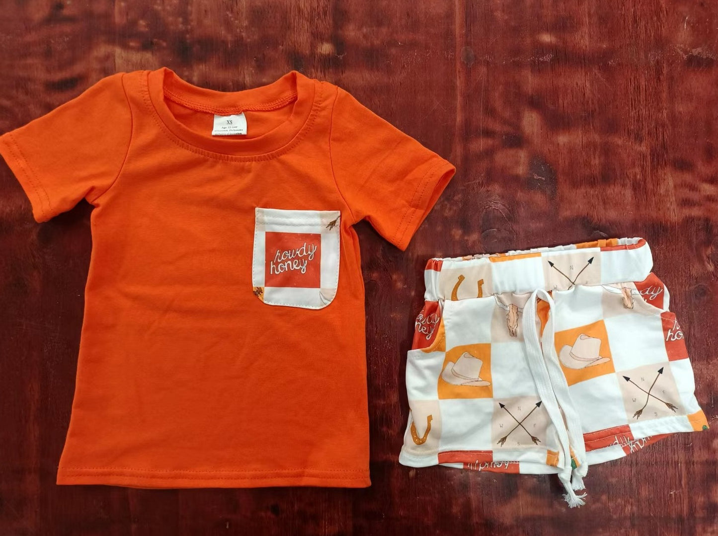 custom moq 5 eta 4-6weeks summer baby boys clothes boot orange short sleeve shorts set