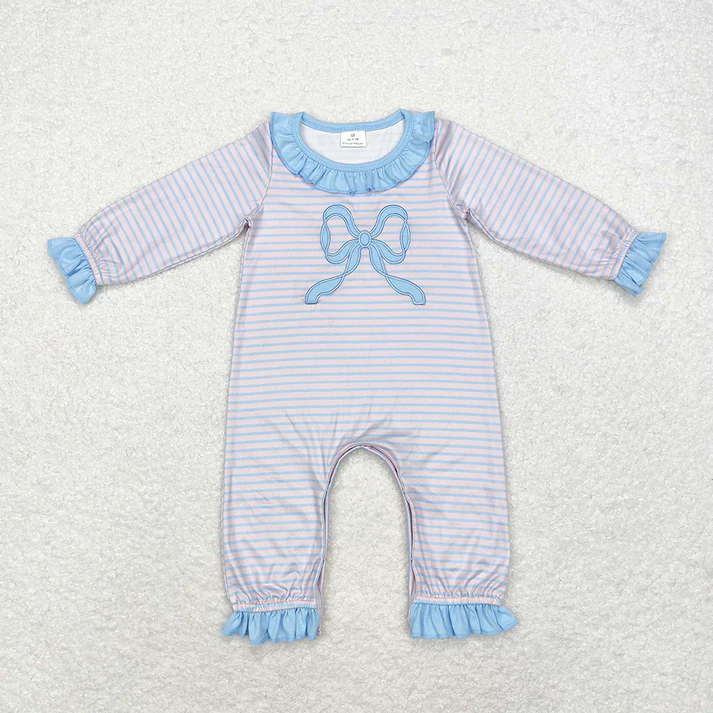 RTS NO MOQ Blue bow pleated neckline blue and purple striped long sleeve dress & romper