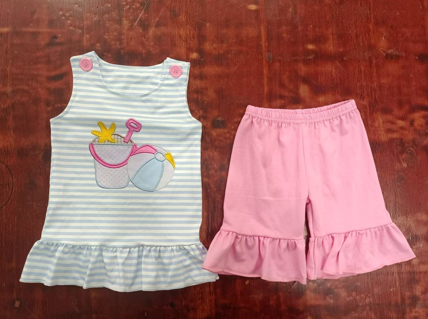 custom moq 5 eta 5weeks summer team baby girls clothes sleeveless pink shorts set