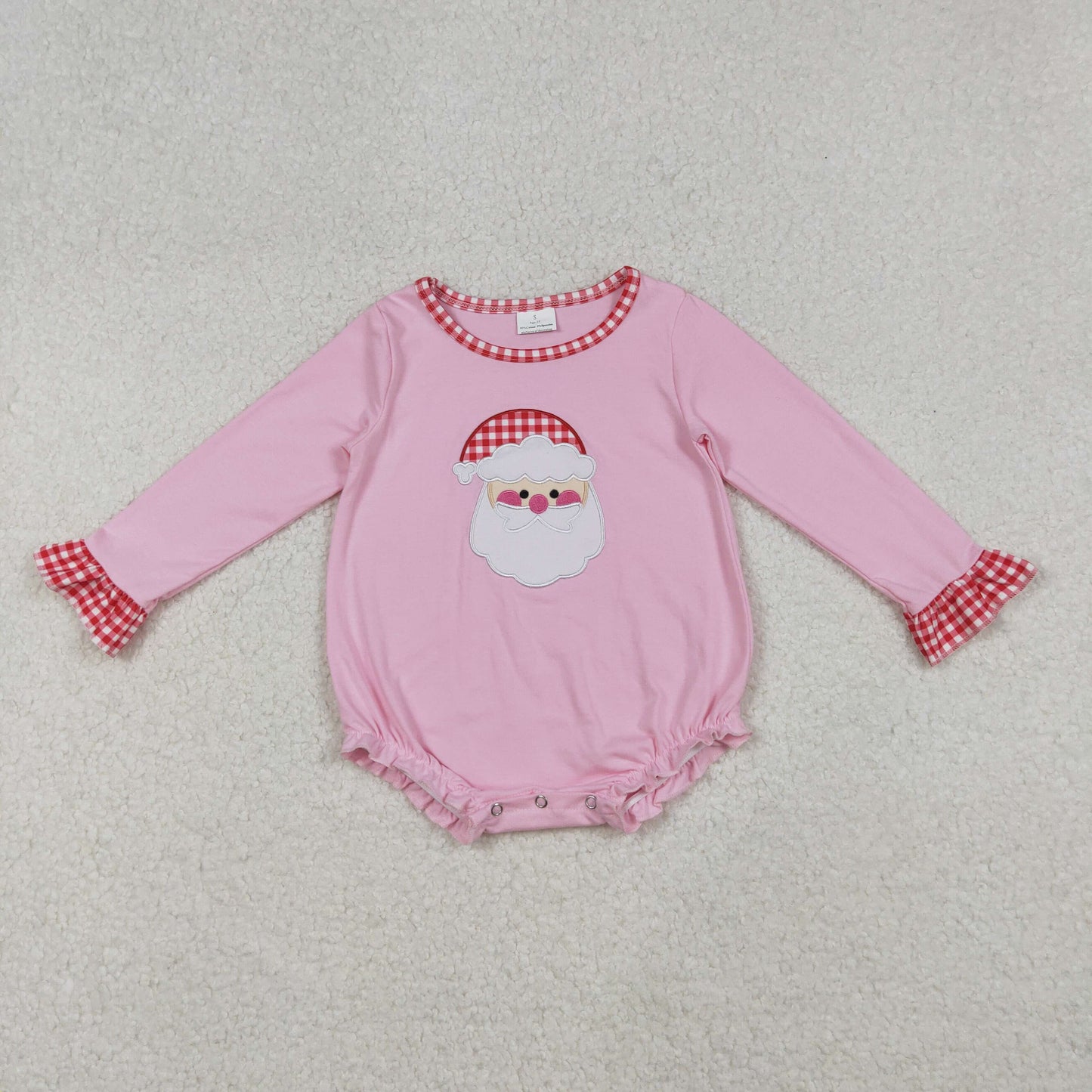 RTS NO MOQ(In Stock) LR1733 Pink long-sleeved bodysuit with embroidered Santa Claus and red plaid lace
