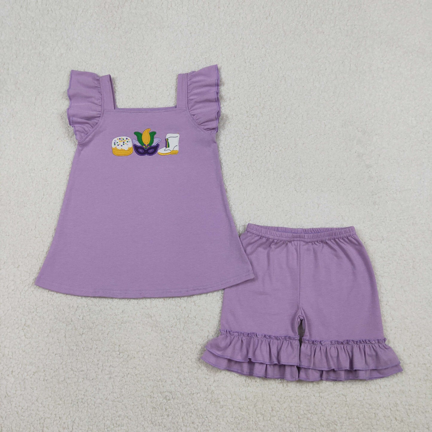 RTS NO MOQ(In Stock) GSSO2828 Embroidered Carnival Sweet Cake Mask Boots Purple Flutter Sleeve Shorts Set