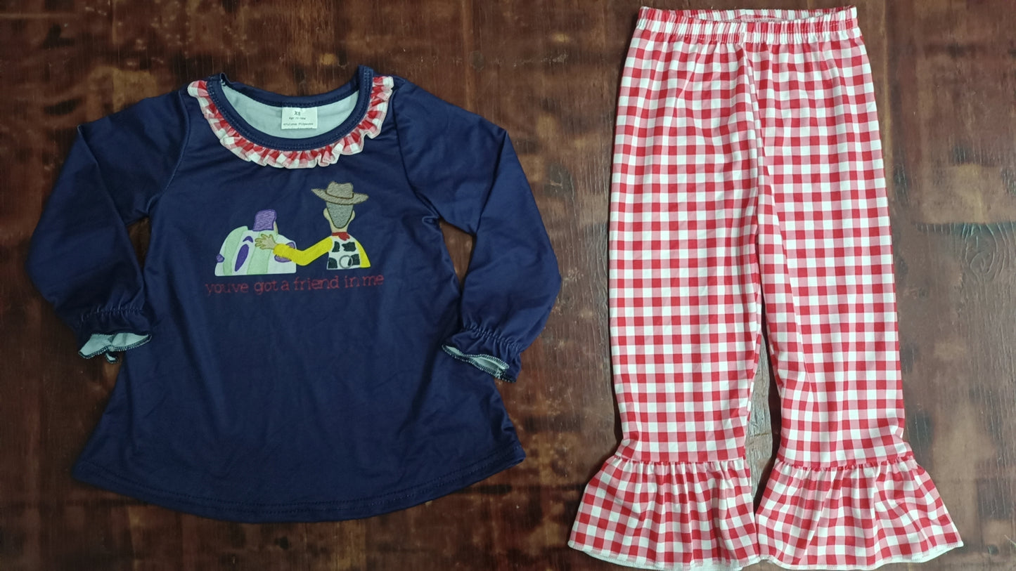 Custom moq 3 eta 6-7weeks Boys' Navy Blue Long Sleeve Top & Red Plaid Trousers Set