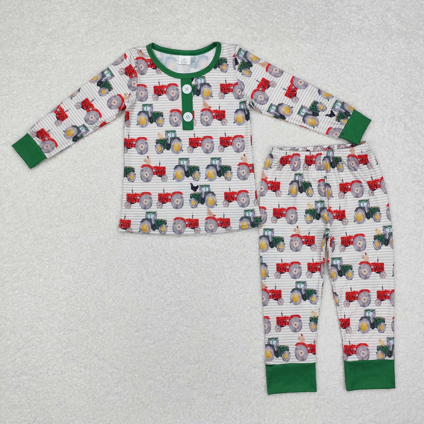 RTS NO MOQ(In Stock) Modal tractor striped green hemming long-sleeved long pants pajama set