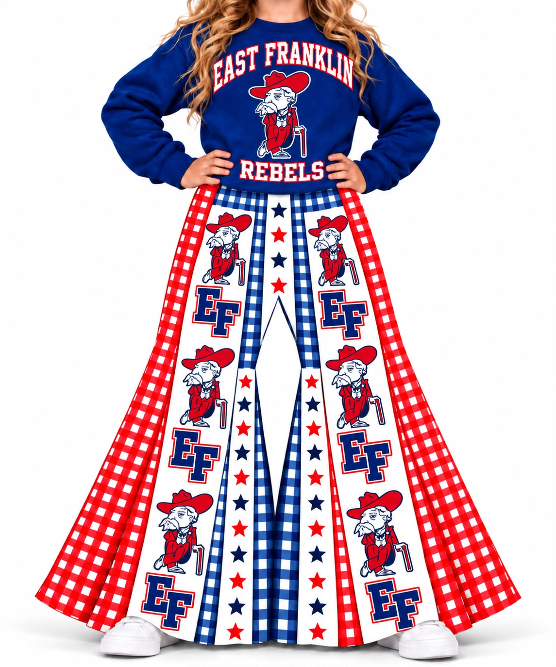custom moq 5 mix size yoga fabric EAROML0101 Baby Girls Blue Long Sleeve Top Red White Checker Bell Bottom Pants Team Set