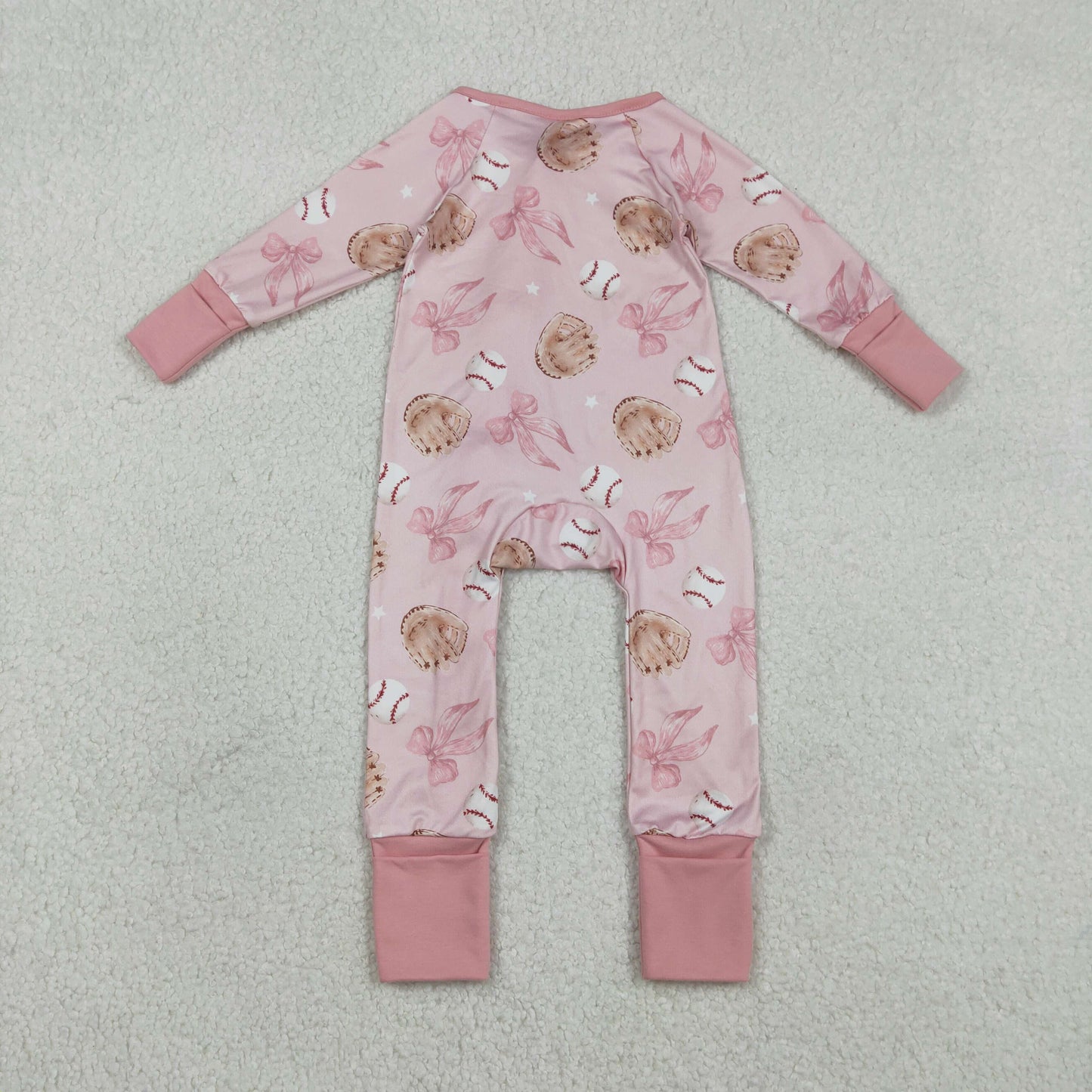 RTS NO MOQ(In Stock ) LR2967 Baseball Glove Bow Pattern Pink Zipper Long-Sleeve Jumpsuit