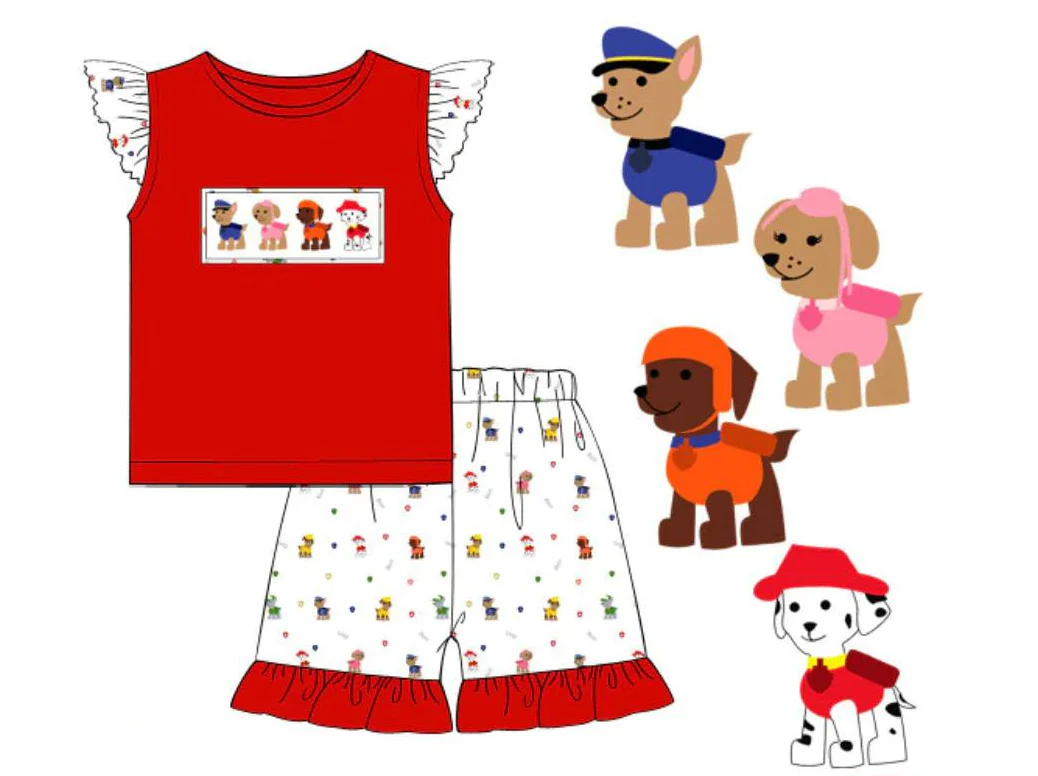 Deadline October 19 custom no moq eta 6-8weeks Dog Family Pattern Red Fly Sleeve Top and Shorts Set