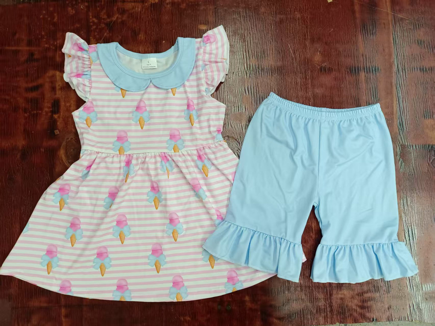 Custom moq 3 eta 6-7weeks baby girls clothes ice cream striped flying sleeve blue shorts sets