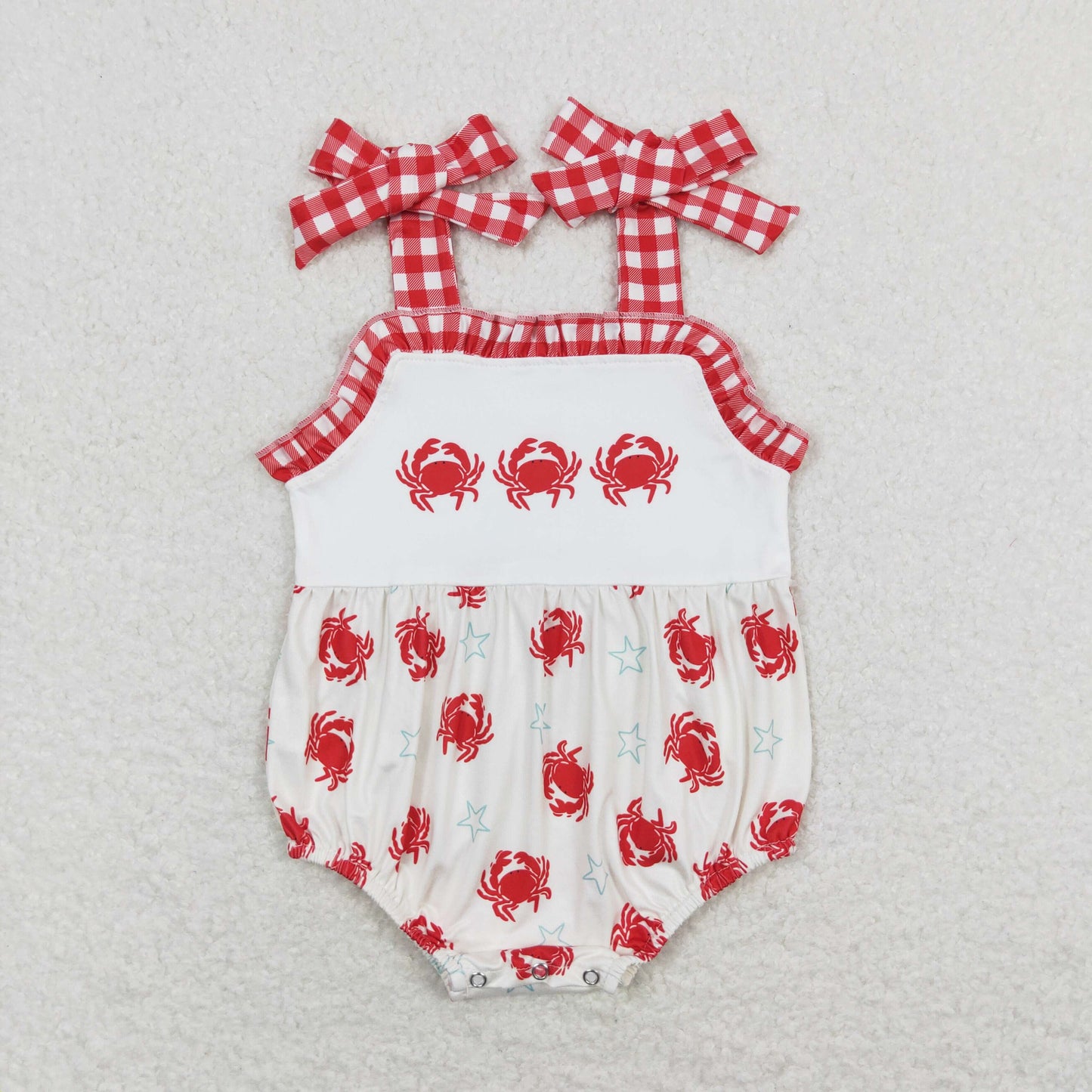 RTS NO MOQ(In Stock) Crab star red and white plaid lace beige camisole jumpsuit