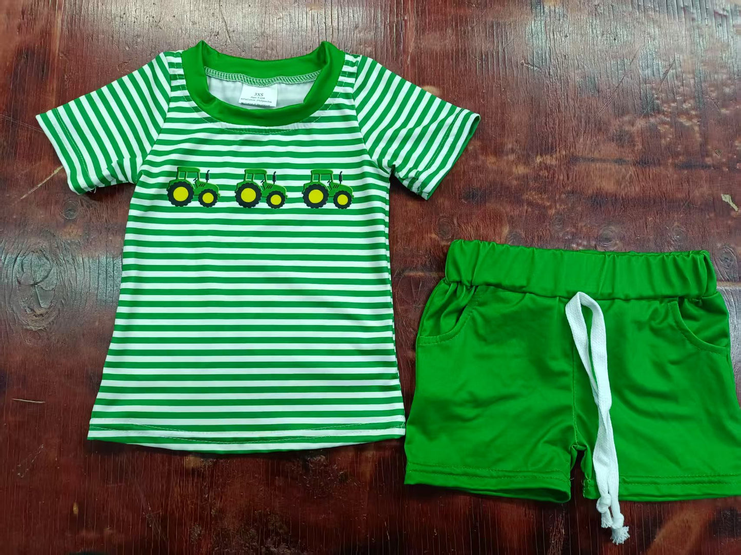 Custom moq 3 eta 6-7weeks baby boys clothes tractor green striped short Sleeve shorts sets-25.4.30