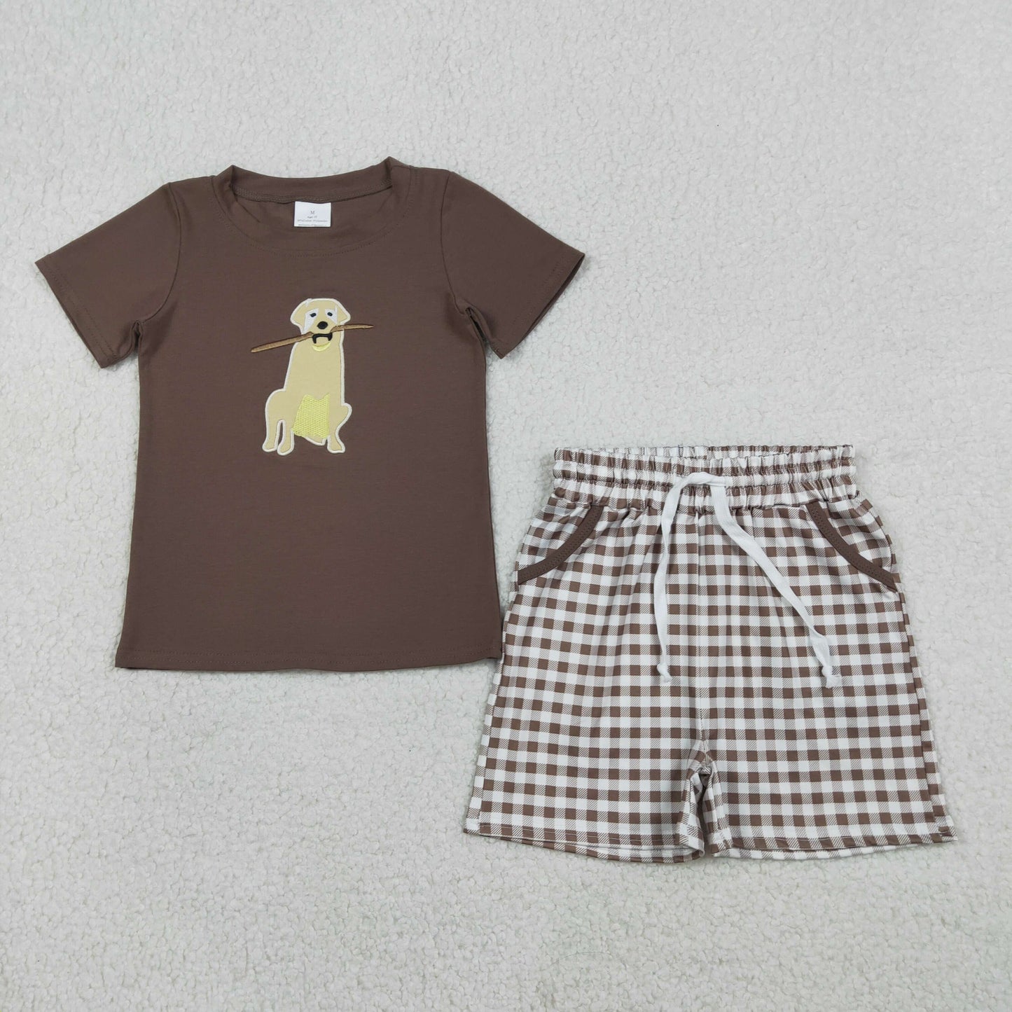 RTS NO MOQ(In Stock) BSSO1637 Embroidered Puppy Tree Branch Brown Short-Sleeved Plaid Shorts Set