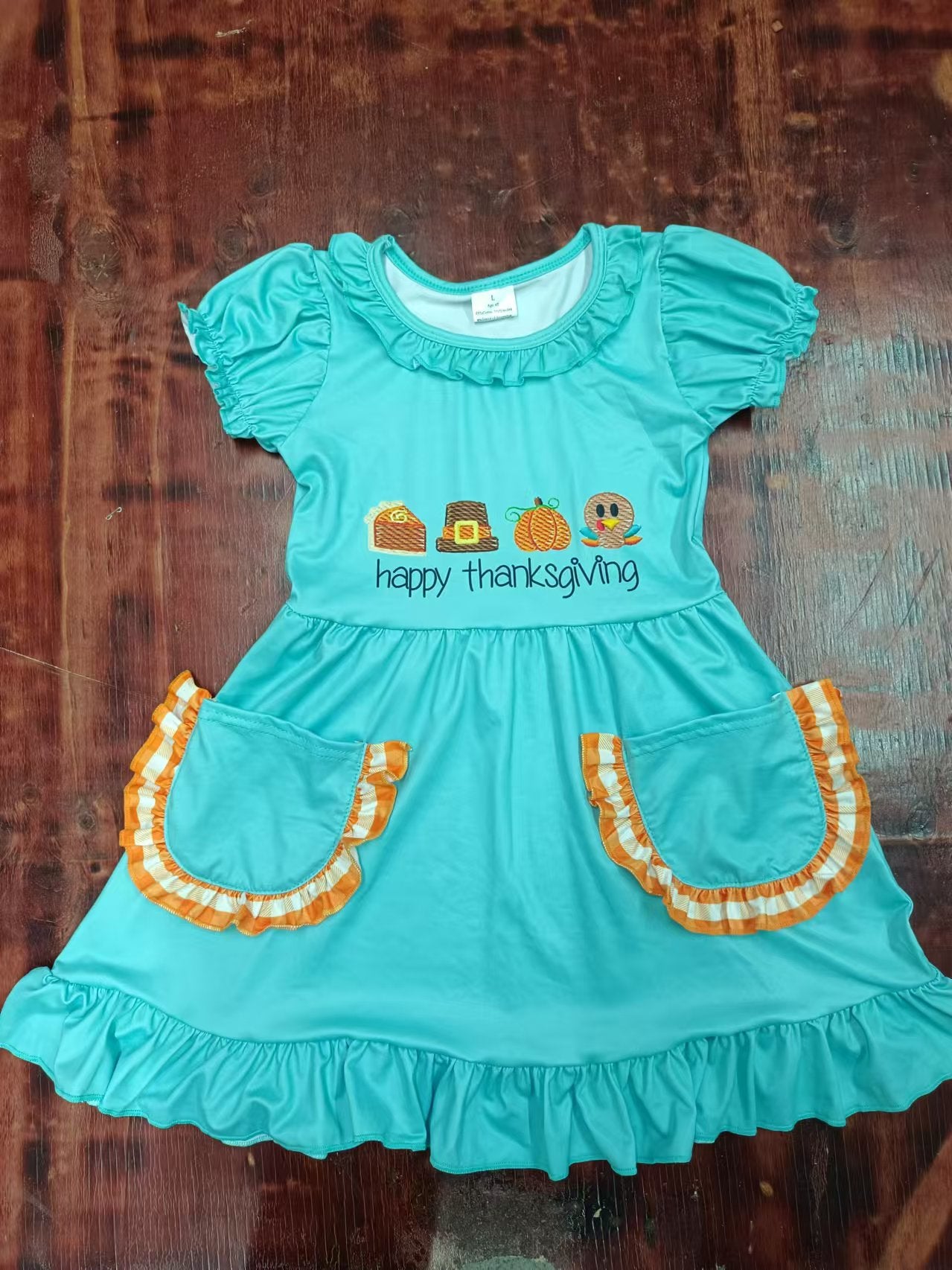 Custom moq 3 eta 6-7weeks Lake Blue Embroidered Pattern Pocket Puff Short Sleeve Dress