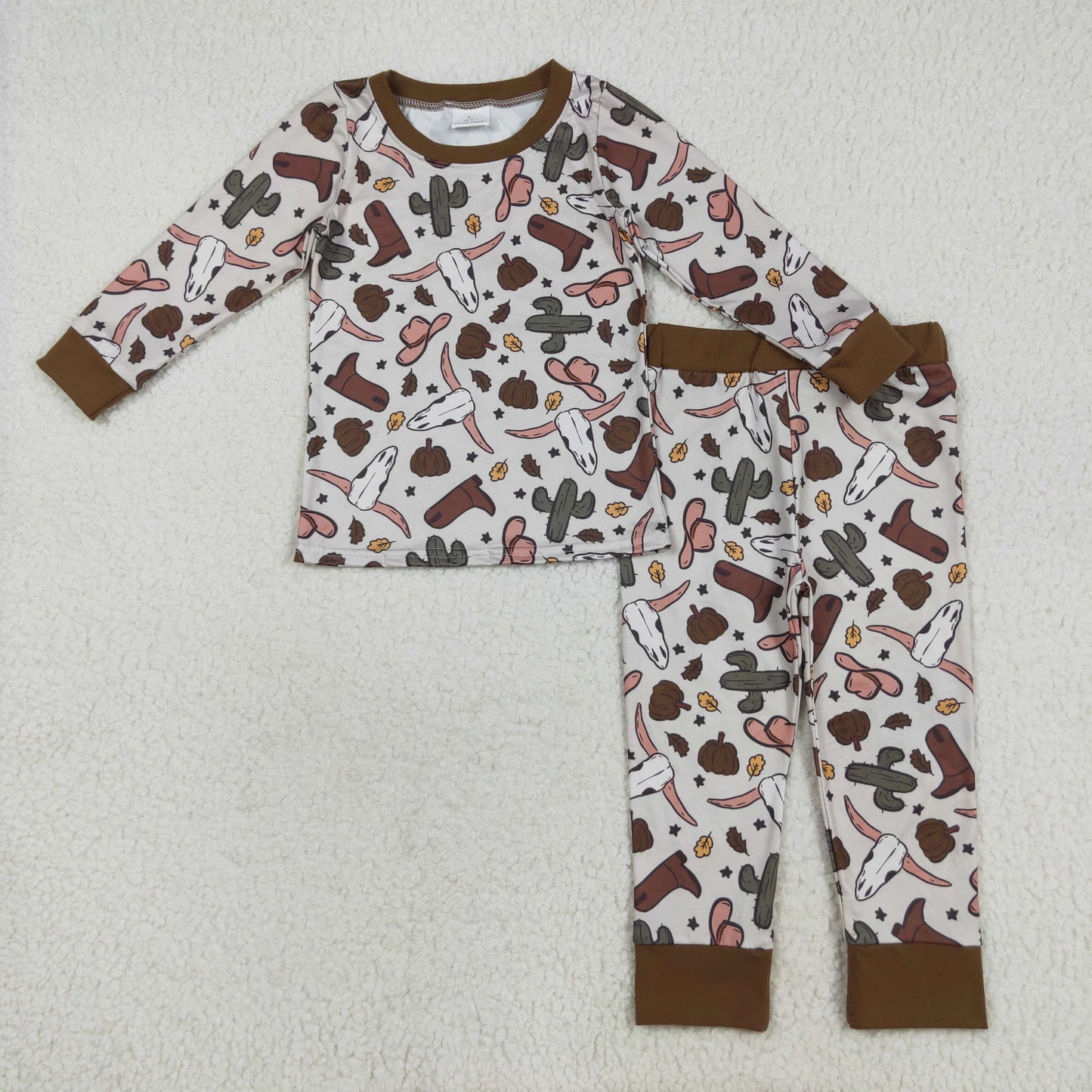 RTS NO MOQ(In Stock) BLP1141 Cactus alpine bull head cowboy hat boots beige brown long sleeve long pants pajama set