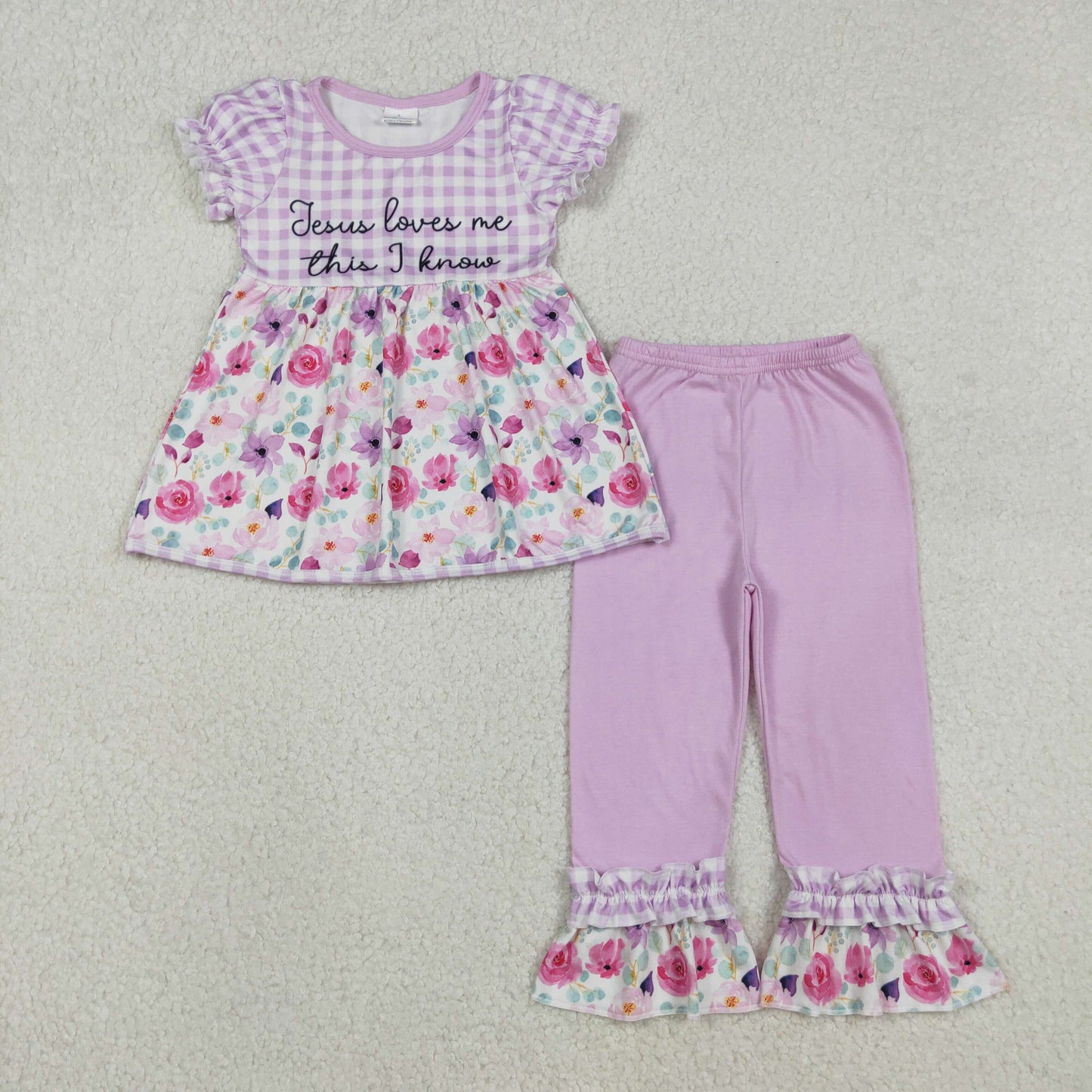 RTS NO MOQ(In Stock) Jesus loves me this i know floral purple plaid short-sleeved trousers set