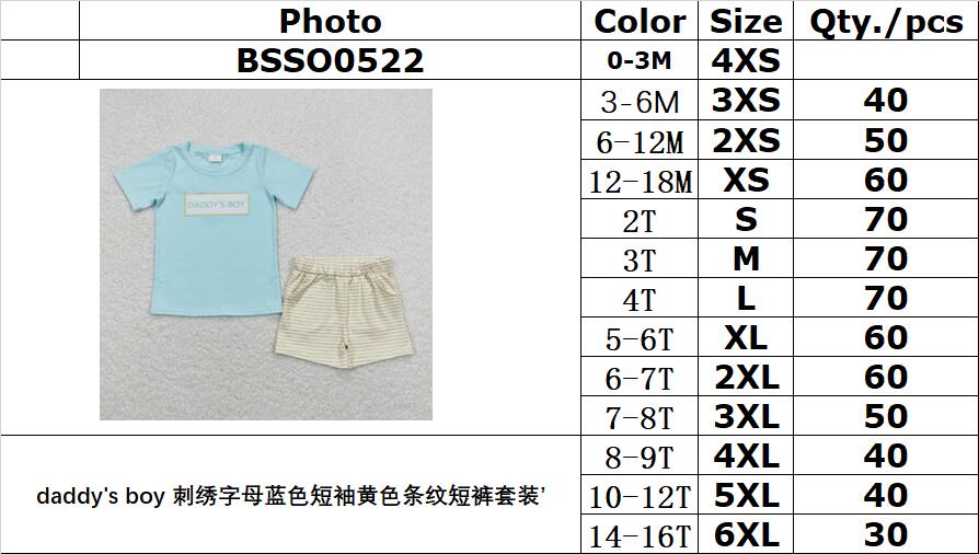 BSSO0522 daddy's boy blue short-sleeved yellow striped shorts suit with embroidered letters’