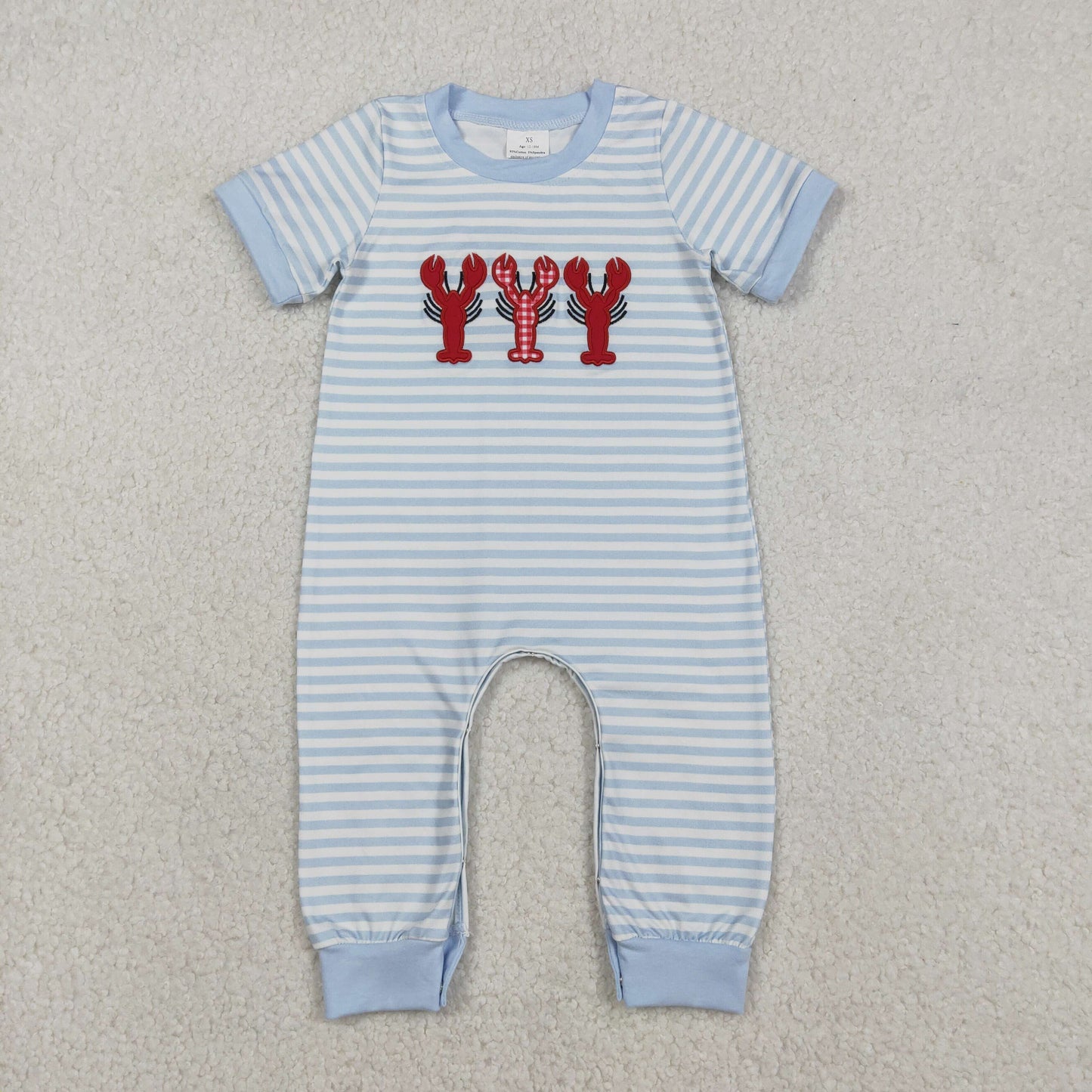 RTS NO MOQ(In Stock) Embroidered Lobster Blue Striped Short-Sleeve Jumpsuit