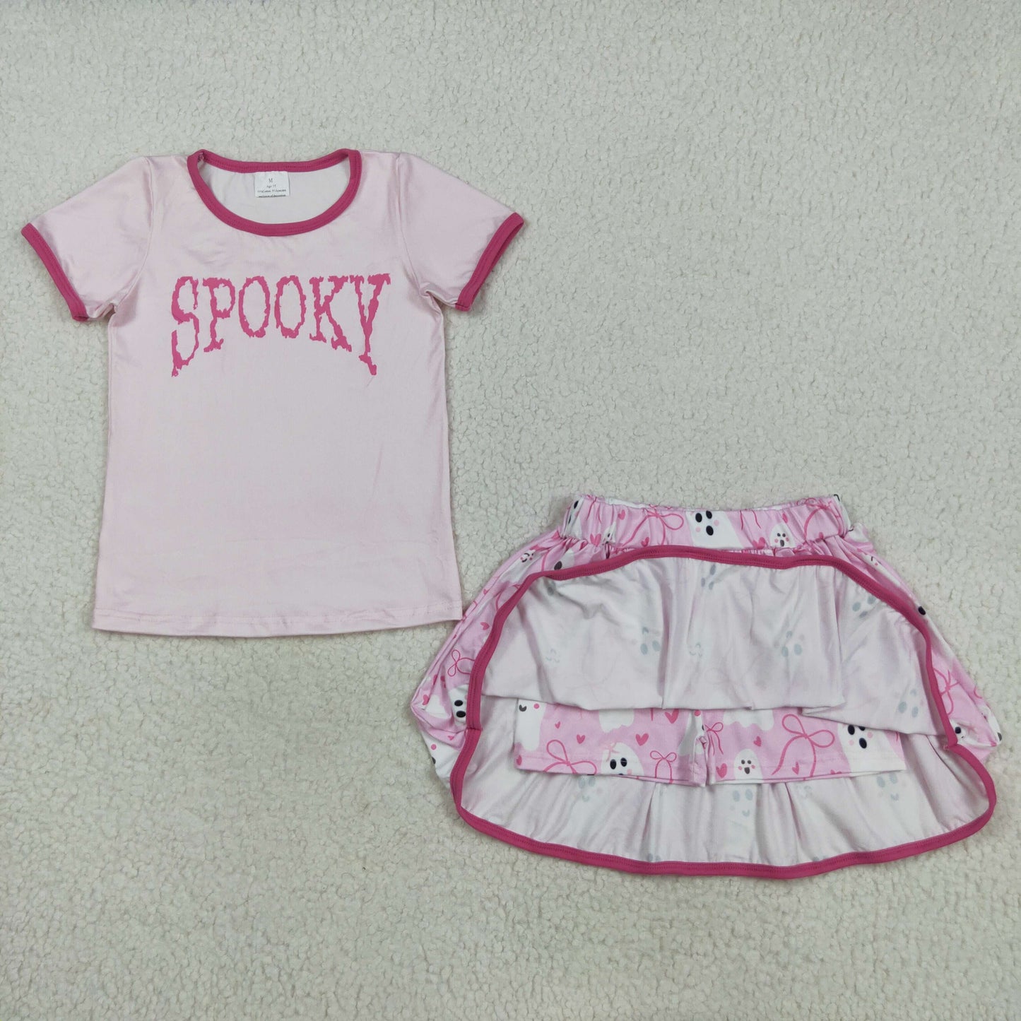 RTS NO MOQ(In Stock) GSD2776 Spooky Short-Sleeved Ghost Heart Bow Pattern Pink Skirt Set