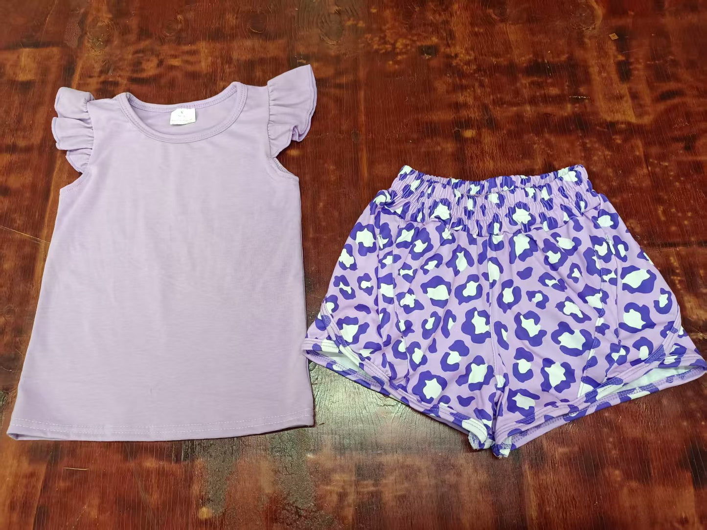Custom moq 3 eta 6-7weeks baby girls clothes leopard purple flying sleeve shorts sets-25.5.10
