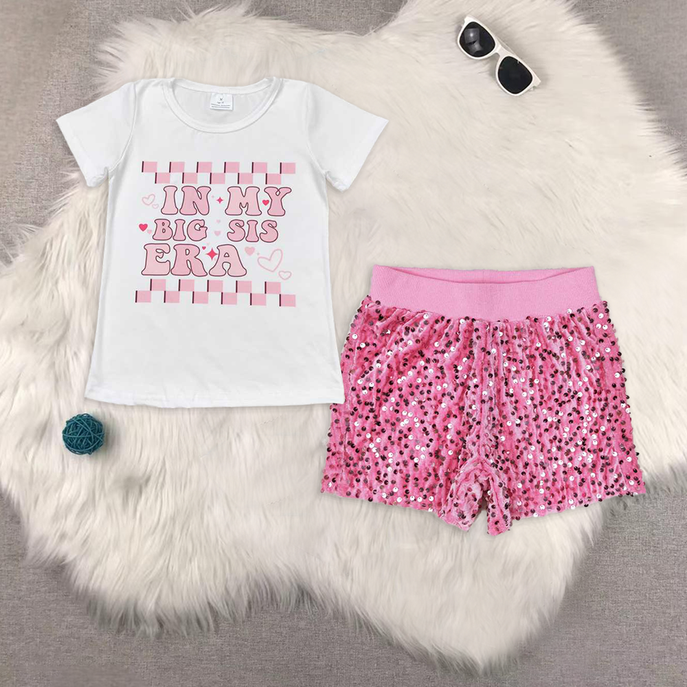 RTS NO MOQ ETA 5/7days Arrived GT0556+SS0350 in my big sis era pink and white plaid short-sleeved top with letters sequin shorts sets