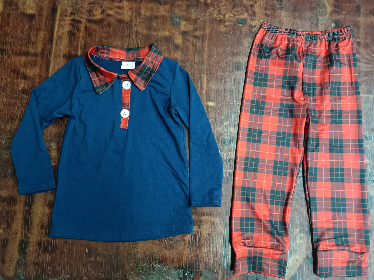 Custom moq 3 eta 6-7weeks Blue Stand Collar Button Long Sleeve Pullover - Red and Black Plaid Trousers Set