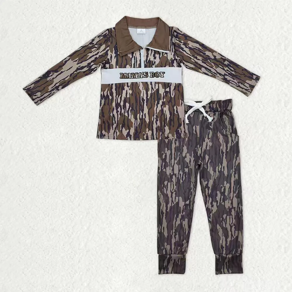 RTS NO MOQ(In Stock) baby boys clothes MAMA camouflage long Sleeve pants sets