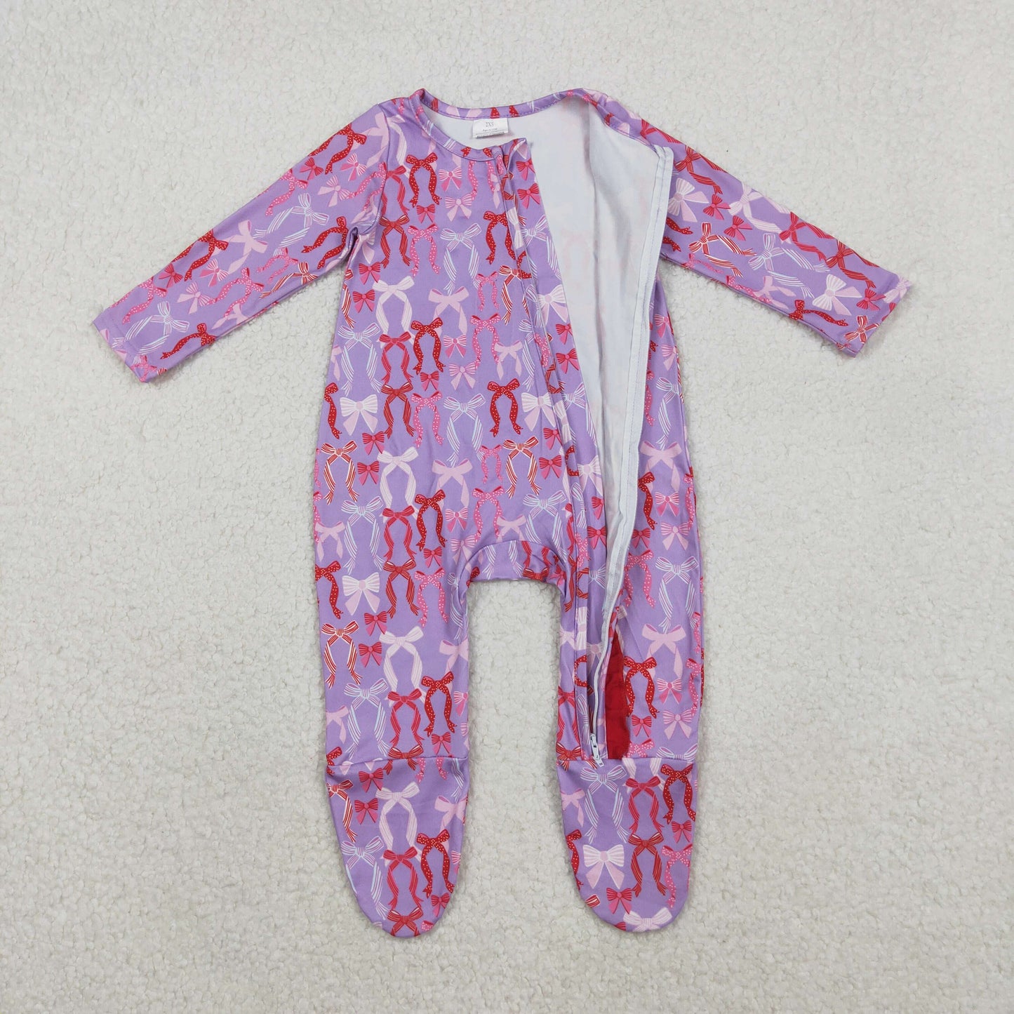 RTS NO MOQ(In Stock ) LR2610 Bow Pattern Purple Footed Zippered Long-Sleeved Bodysuit