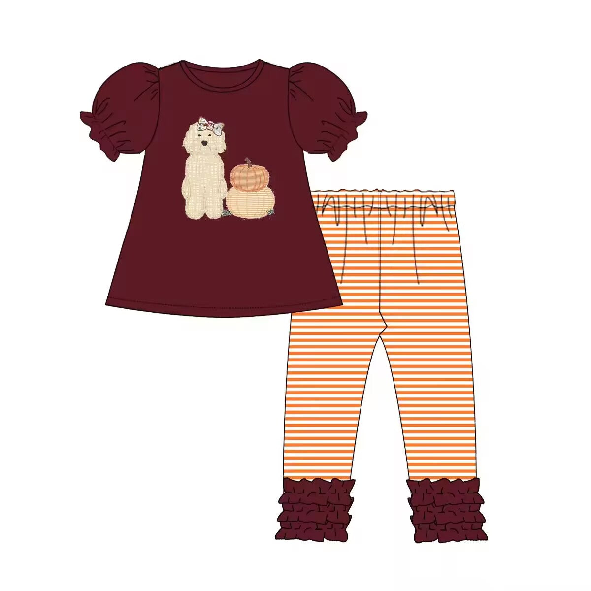 Custom moq 3 eta 6-8weeks Embroidered Pumpkin Puppy Brown Puff Short Sleeve-Orange Striped Pants Set