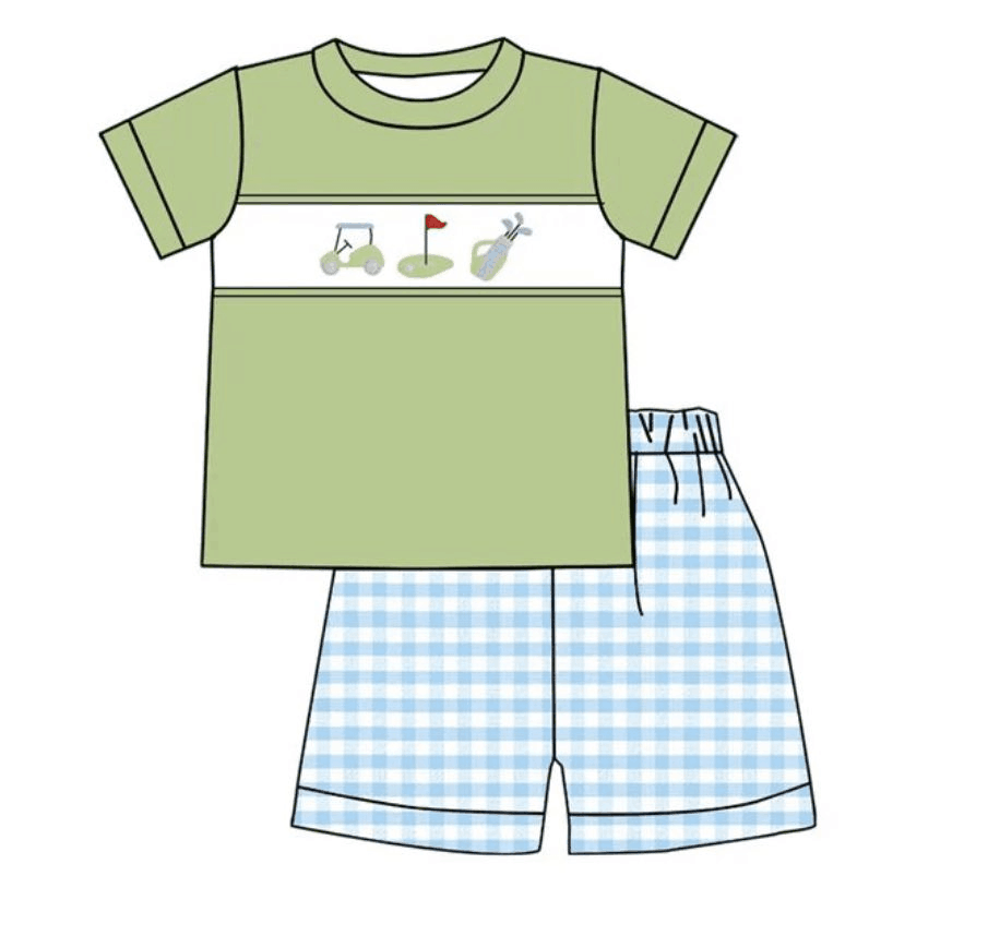 boys green top with blue grid shorts suits