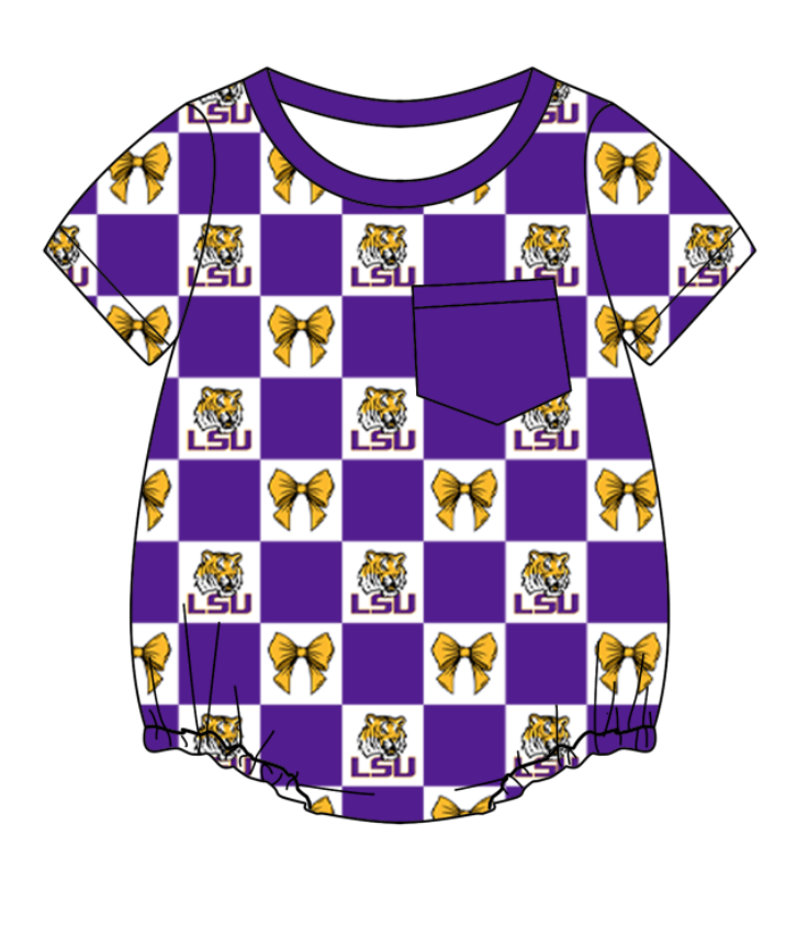 Custom moq 5 mix size milk silk baby boy clothes team summer bow purple short sleeve romper