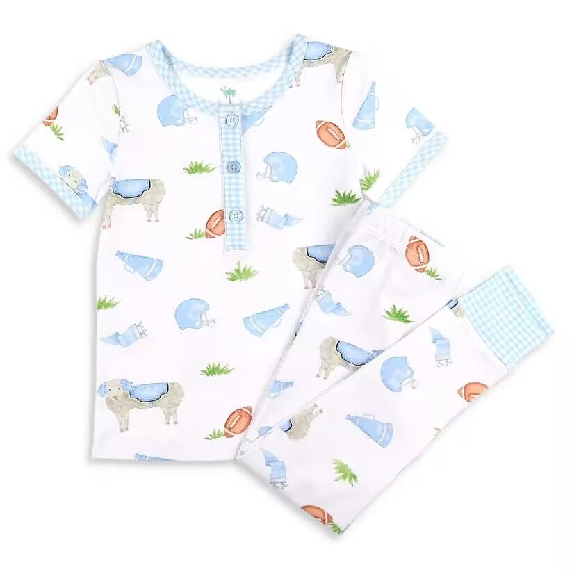 Custom moq 3 eta about 6-8 weeks baby girls clothes blue Short Sleeve Long Pants Pajama Set