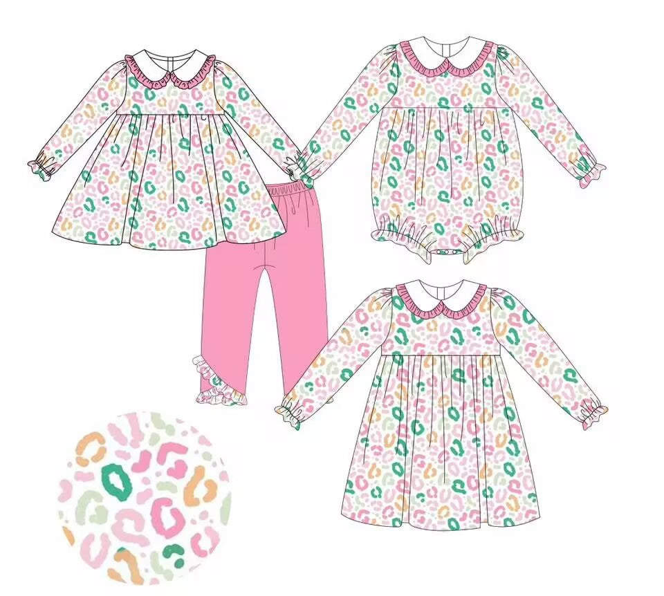 Custom moq 5 each style eta 6-7weeks baby girl clothes leopard ong sleeve pants sets and romper and dress -25.8.29