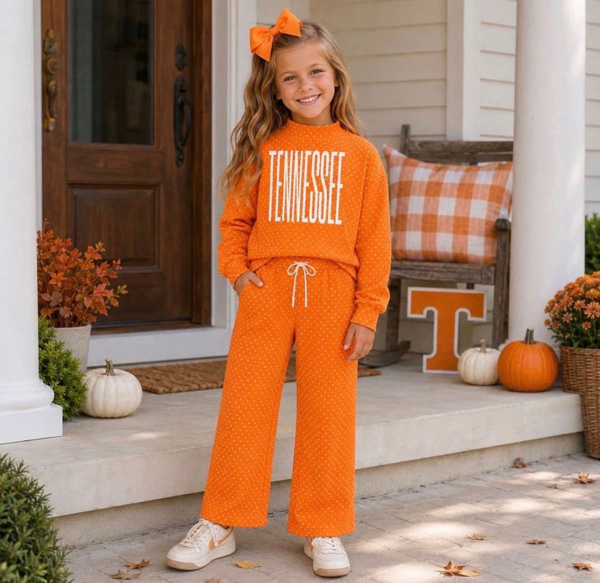 custom moq 5 mix size RLES0103 Adult To Match Kids Team Letter Print Orange Long Sleeve Top Pant Set