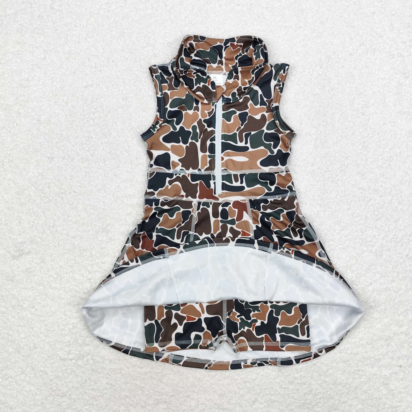 RTS NO MOQ(In Stock ) Brown green camouflage beige zipper yoga sleeveless dress