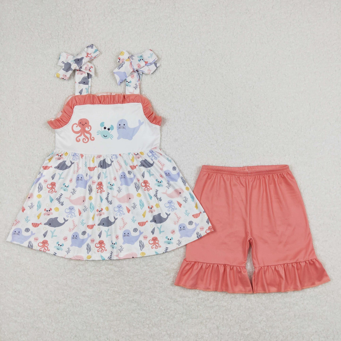 RTS NO MOQ(In Stock) Octopus crab seal brick red lace white suspender shorts suit