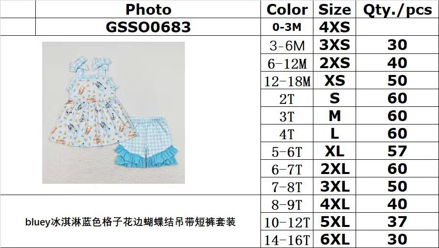 GSSO0683 bluey ice cream blue plaid lace bow suspender