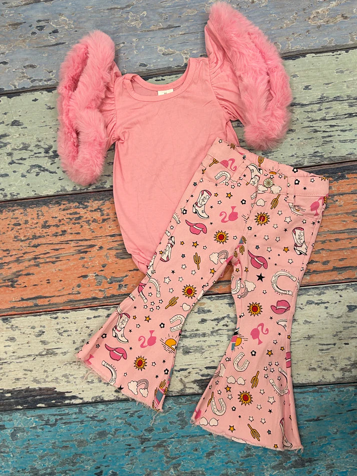 RTS NO MOQ Baby Girls' Pink Velvet Denim Pants Set, Western Doll Clothes