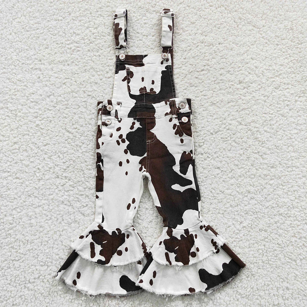 Best Sell RTS Baby Girls Cowhide Print Bib Bell Overall Jumpsuits Cute Baby Girl Soft Cotton Romper with Bell Sleeves