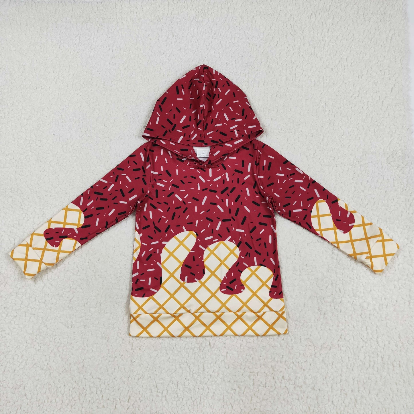 RTS NO MOQ(In Stock) BT1273 Waffle ice cream dark red hooded long-sleeved top