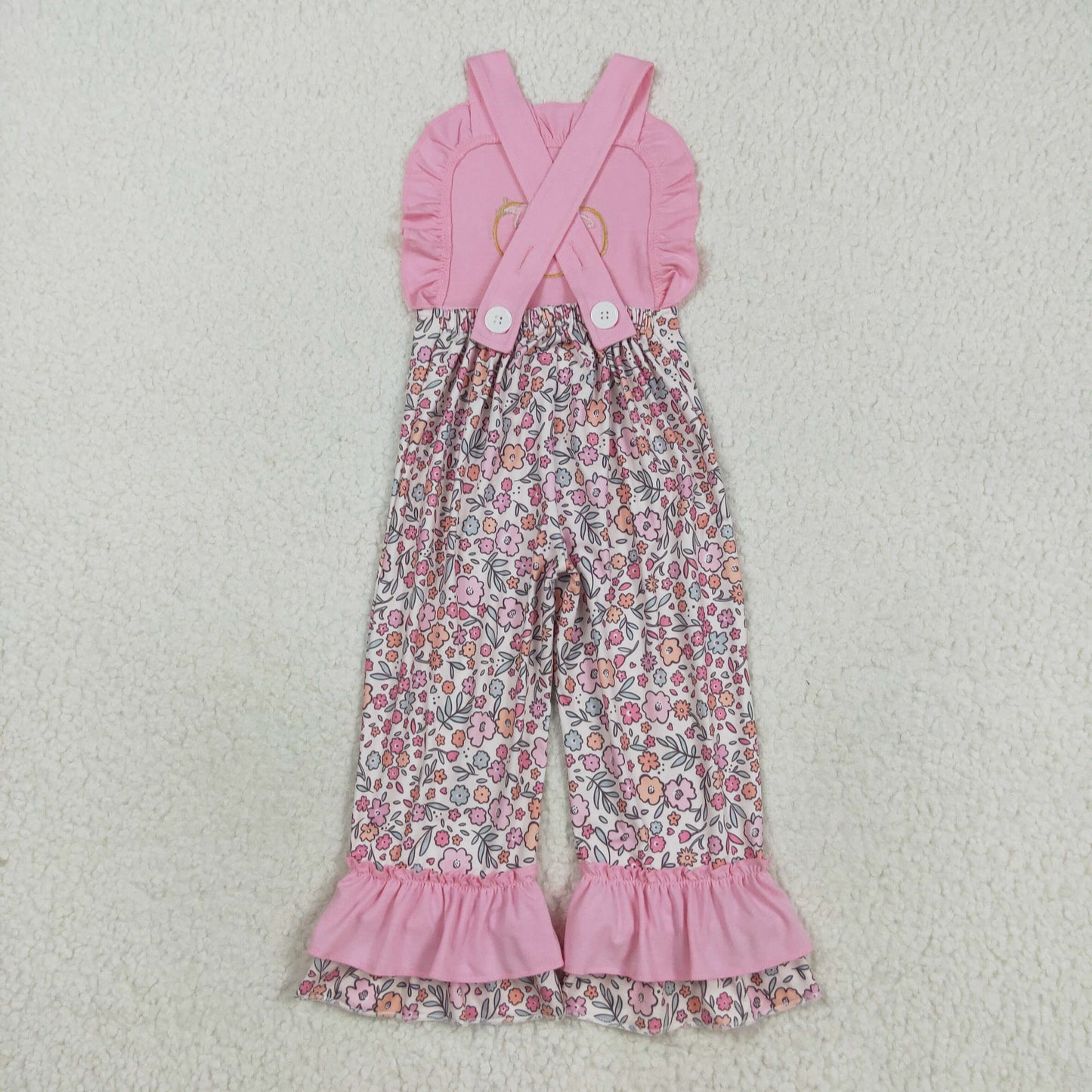 RTS NO MOQ(In Stock)SR3176 Pink lace suspender bodysuit with embroidered bow, pumpkin, flowers, and leaves
