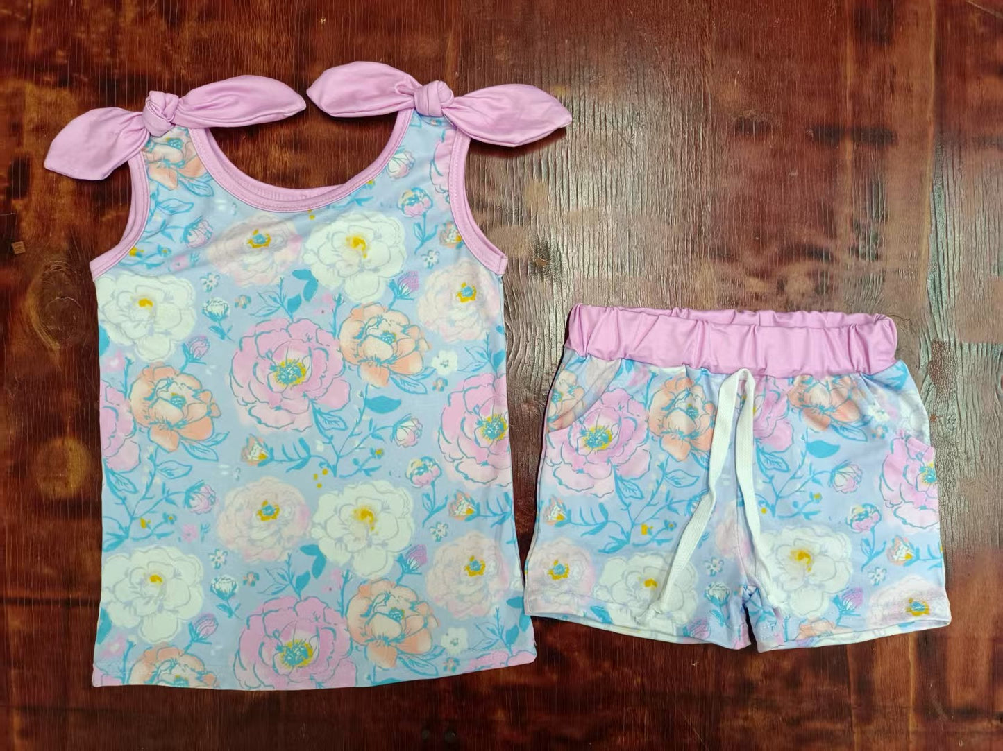Custom moq 3 eta 6-7weeks baby girls clothes floral suspender shorts sets