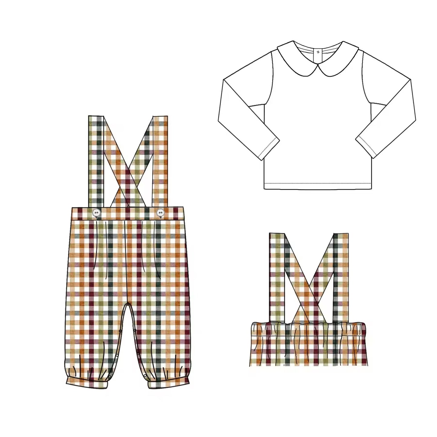 Custom moq 3 eta 6-8weeks White Doll Collar Long Sleeve Top-Three Color Plaid Overalls Set