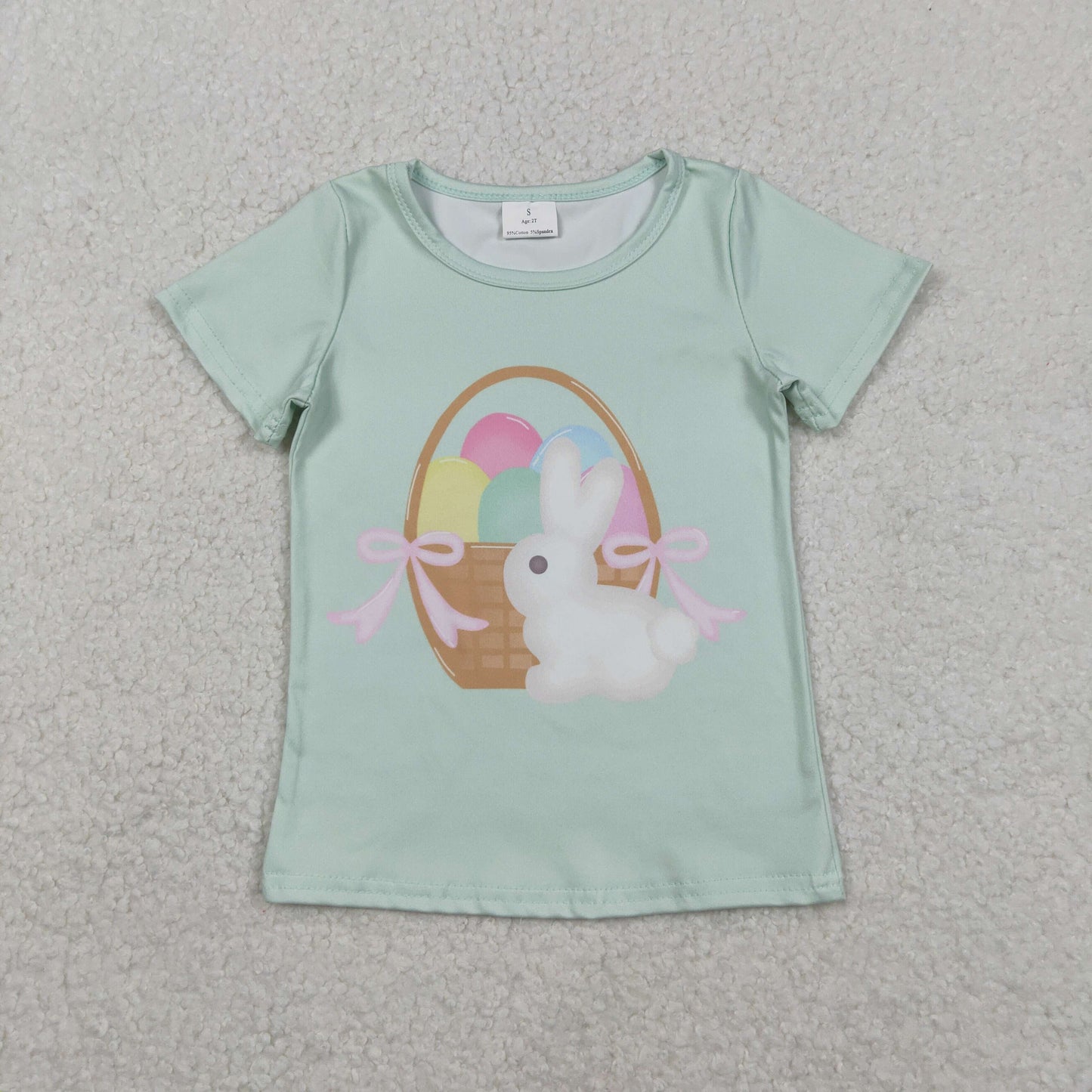 RTS NO MOQ(In Stock) GT1396 Easter Egg Basket Bunny Bow Pattern Lake Green Short-Sleeve Top