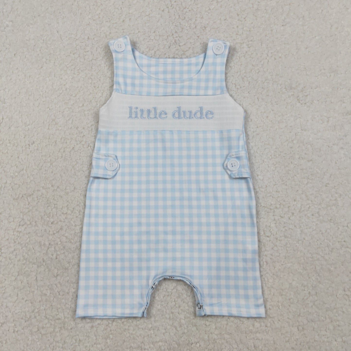 RTS NO MOQ(In Stock ) SR3482 Embroidered Little Dude Blue Plaid Sleeveless Jumpsuit