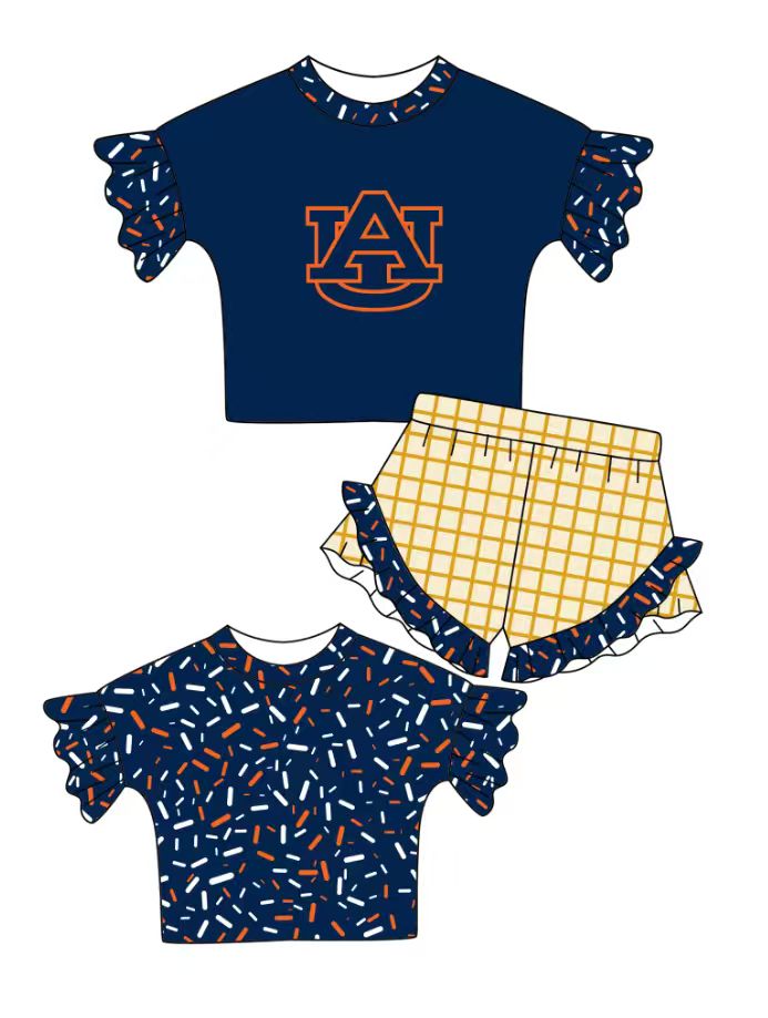 Custom moq 5 mix size milk silk summer teams baby girl clothes dark blue short sleeve shorts sets