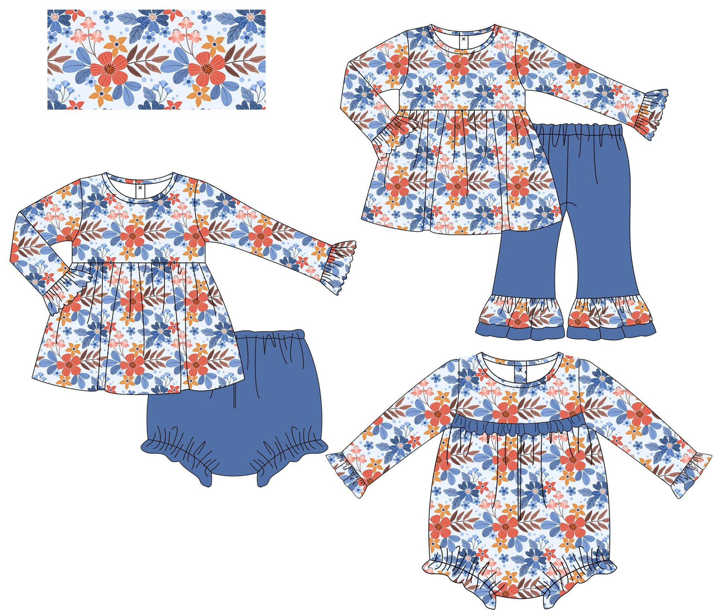 Custom moq 5 each style eta 6-7weeks baby girl clothes floral long sleeve pants sets and romper and brief set-25.8.25